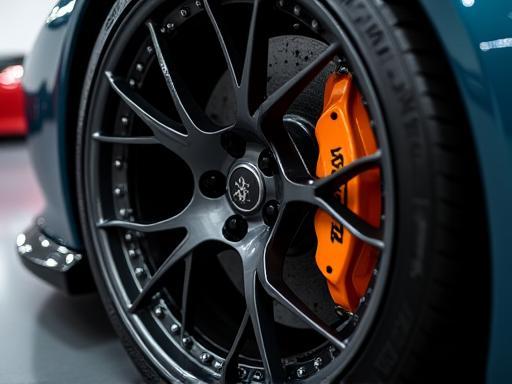 Detailed and shining sports car wheel and tire after professional care
